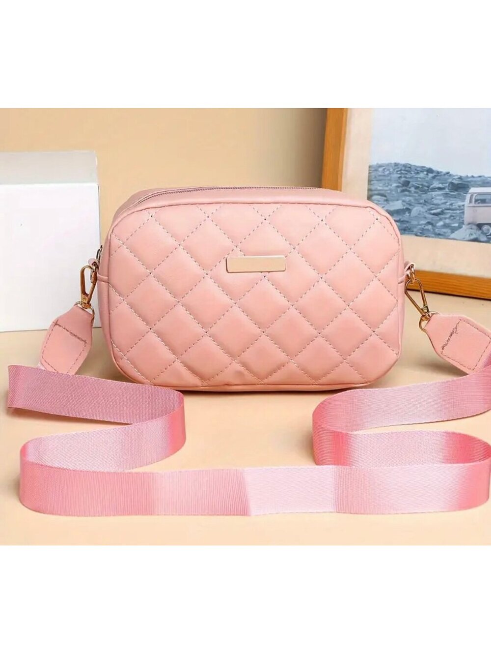 New - Classic Style - Quilted Faux Leather Crossbody /Shoulder Bag - Pink